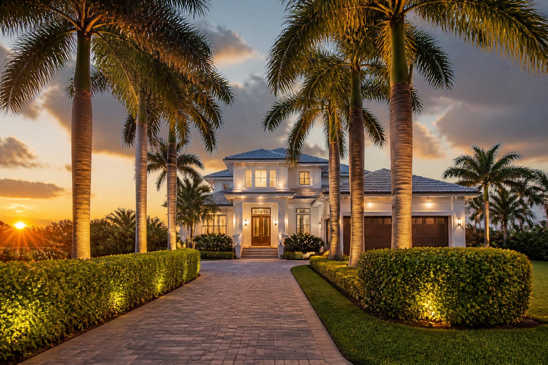 Tampa Bay home with palms at golden hour